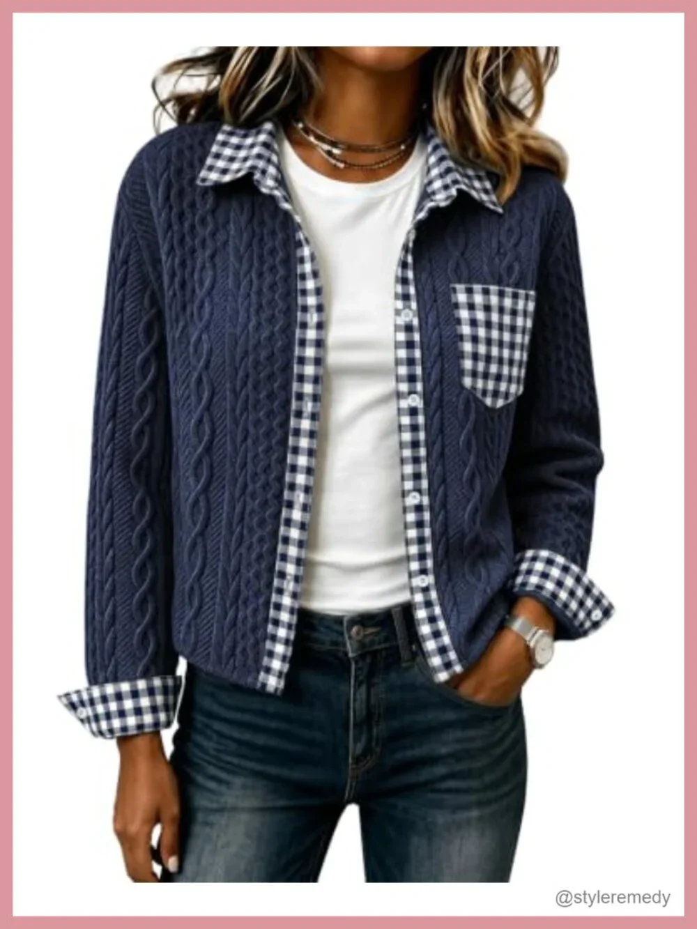 Cropped Jean Denim Collared Bomber Jacket Sweatshirt Cable Knit Shacket